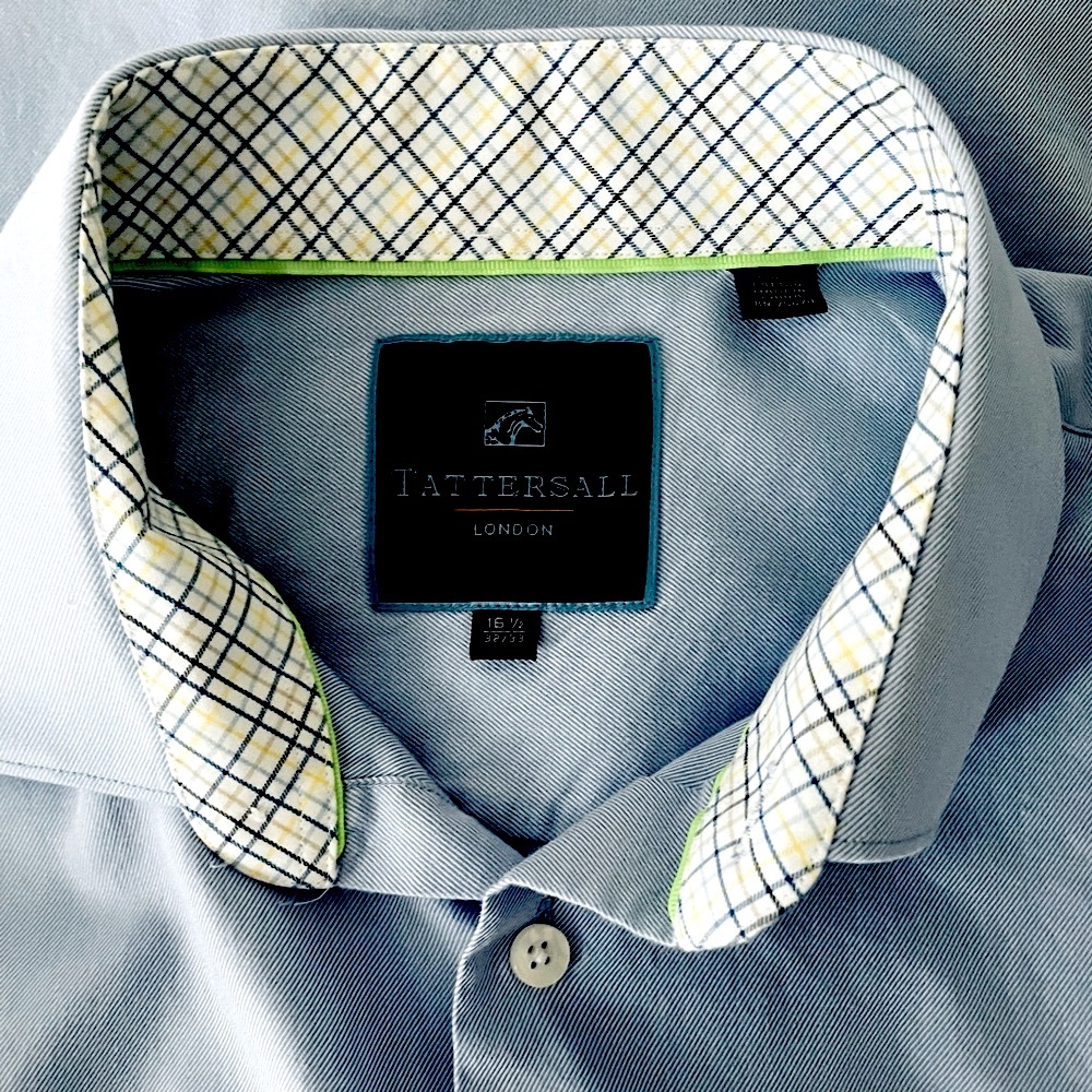 Tattersall Blue Long Sleeve Shirt with Button Down Cuffs, Size 16.5 neck